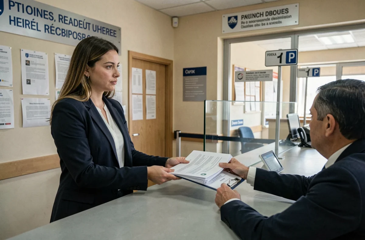 Femme déposant des documents administratifs dans une mairie pour un mariage avec un conjoint étranger