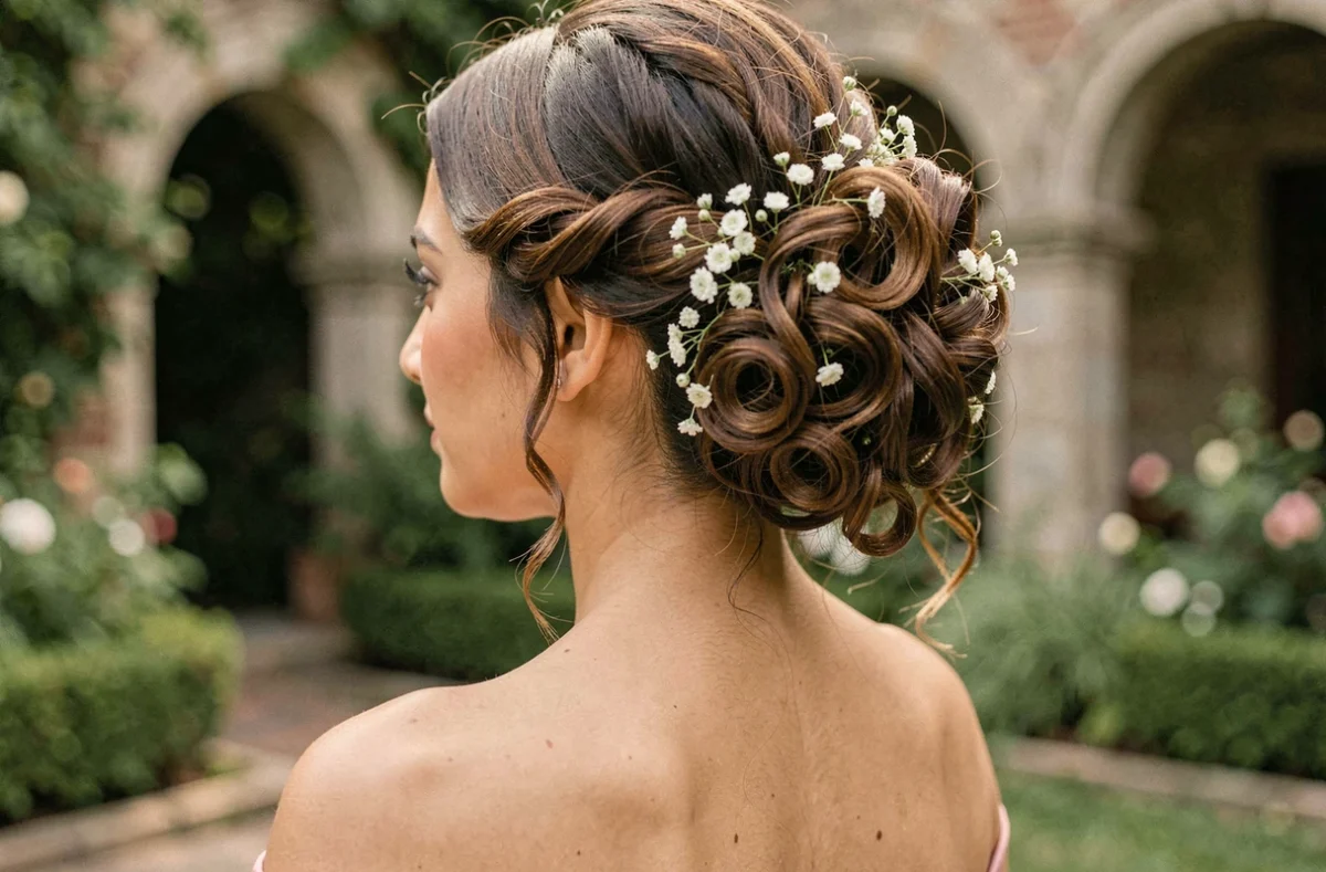 Détail d'une coiffure bouclée élaborée ornée de fleurs blanches sur une demoiselle d'honneur en robe rose