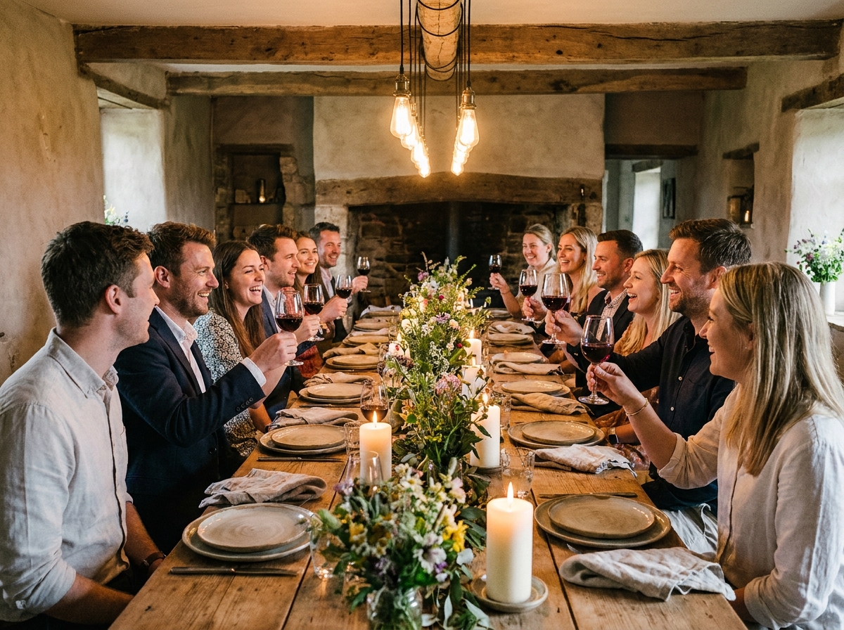 Dîner de mariage en petit comité autour d'une grande table en bois dans une ferme rénovée avec décoration naturelle