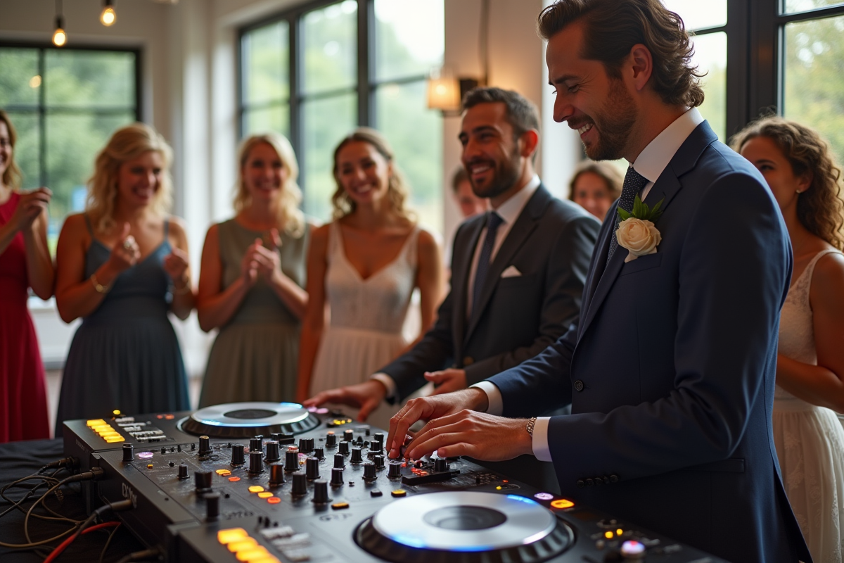 DJ de mariage ajustant la musique avec famille et amis