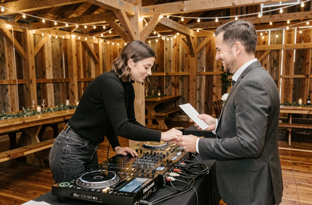 DJ de mariage consultant les détails d'une surprise des mariés avec un témoin dans une grange décorée de guirlandes lumineuses