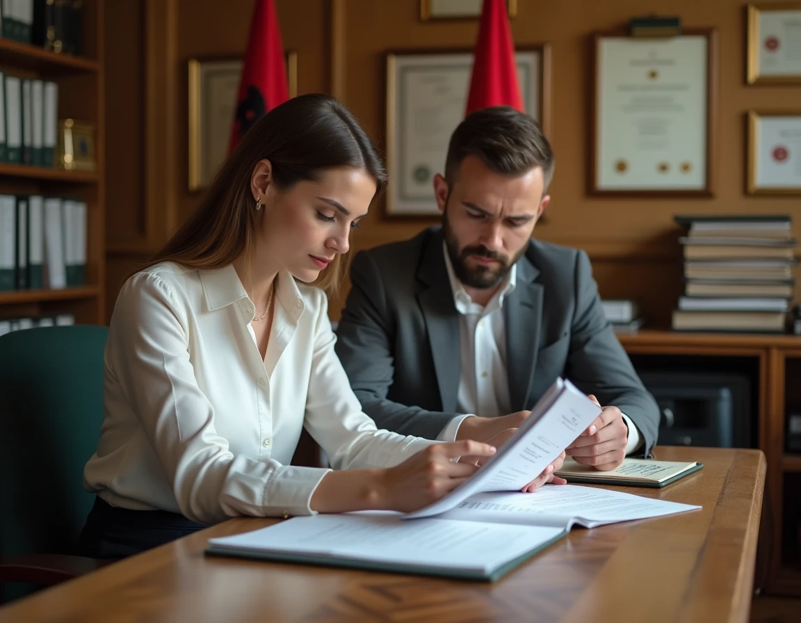 Couple étudiant des documents administratifs pour un mariage en Albanie dans un bureau notarial