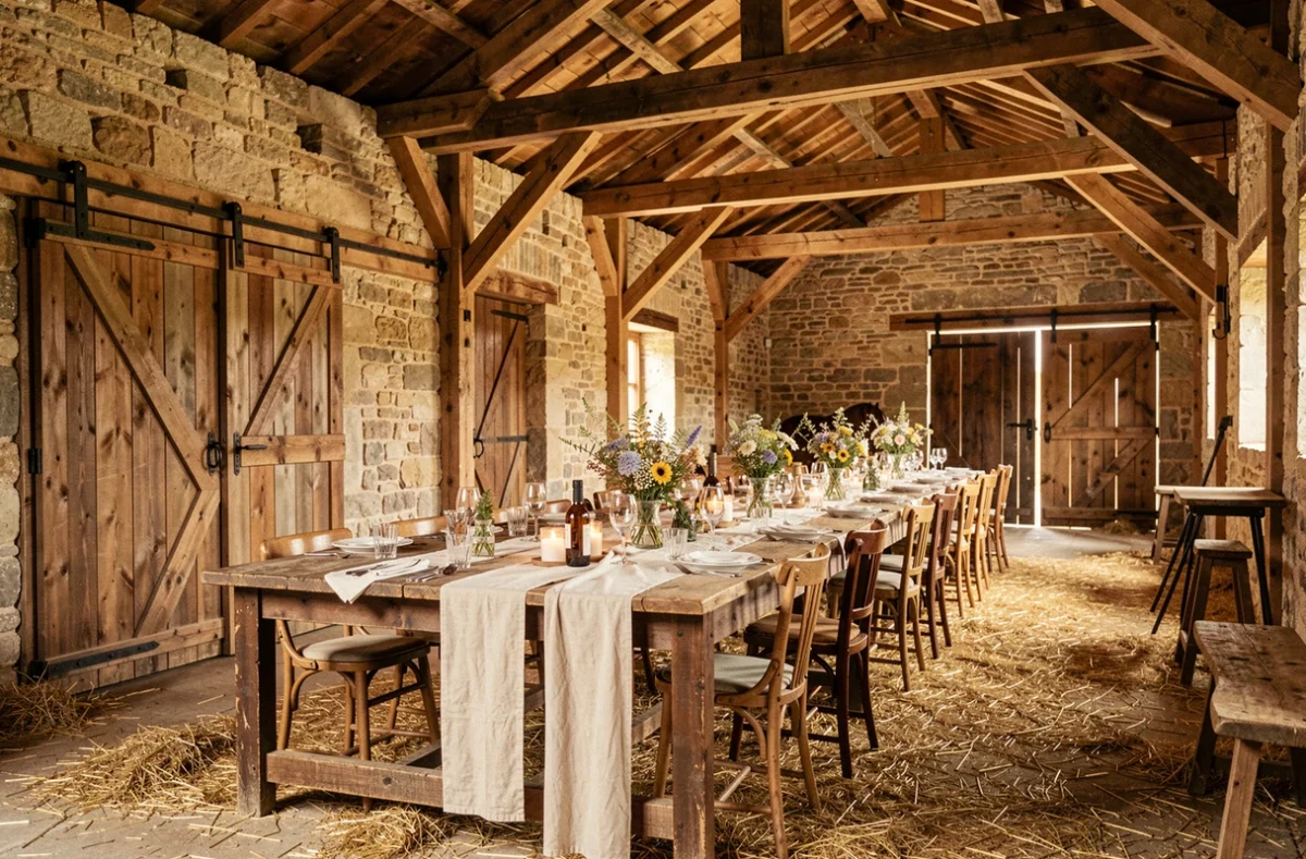 Intérieur de L'Écurie Vaudémont transformé en salle de mariage rustique avec poutres en bois