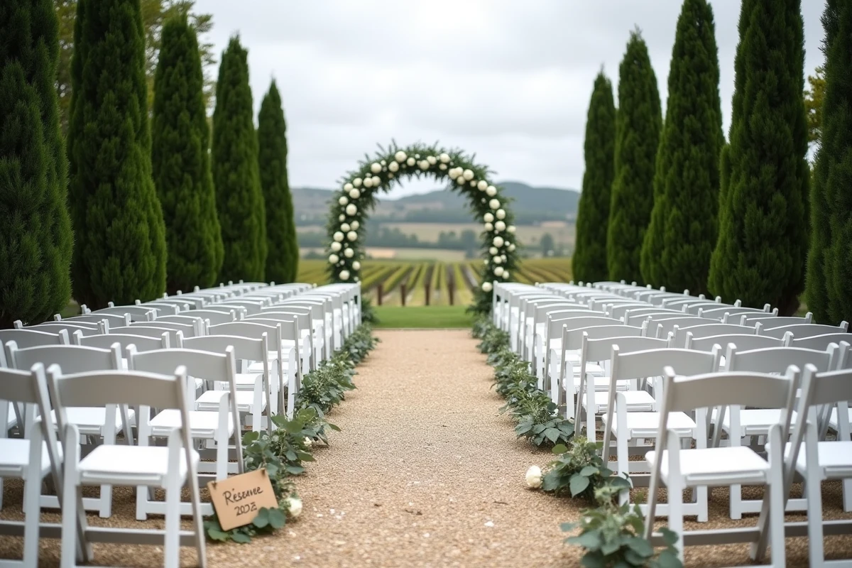 Espace de cérémonie de mariage vide réservé pour 2026 dans un domaine viticole en Gironde avec chaises blanches, arche florale et vignes en arrière-plan