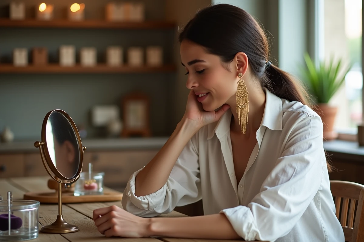 Femme essayant une boucle d'oreille pendante en or pour un mariage dans un atelier de bijouterie parisien