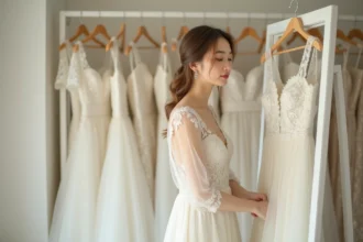 Jeune mariée essayant une robe de mariée en dentelle ivoire dans une boutique spécialisée, reflétée dans un grand miroir