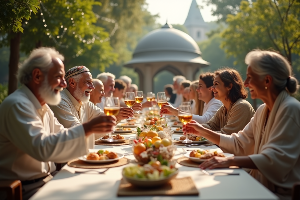 Famille multigeneration partageant un repas en extérieur