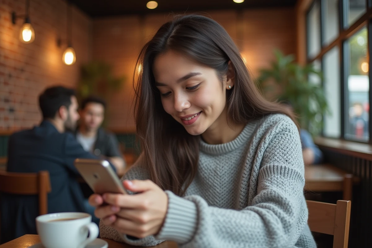 Jeune femme recherchant des informations sur son téléphone dans un café, représentant les fans qui cherchent des détails sur l'épouse de Yoann Usai