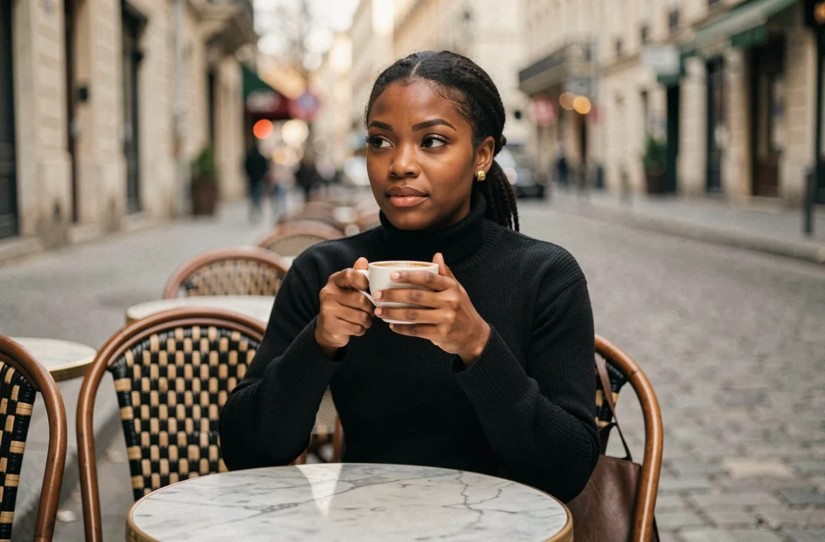 Jeune femme artiste seule à une terrasse de café parisien, regard pensif et atmosphère intime