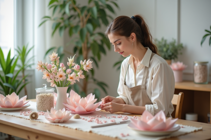 Jeune femme créant des fleurs en papier pour un mariage