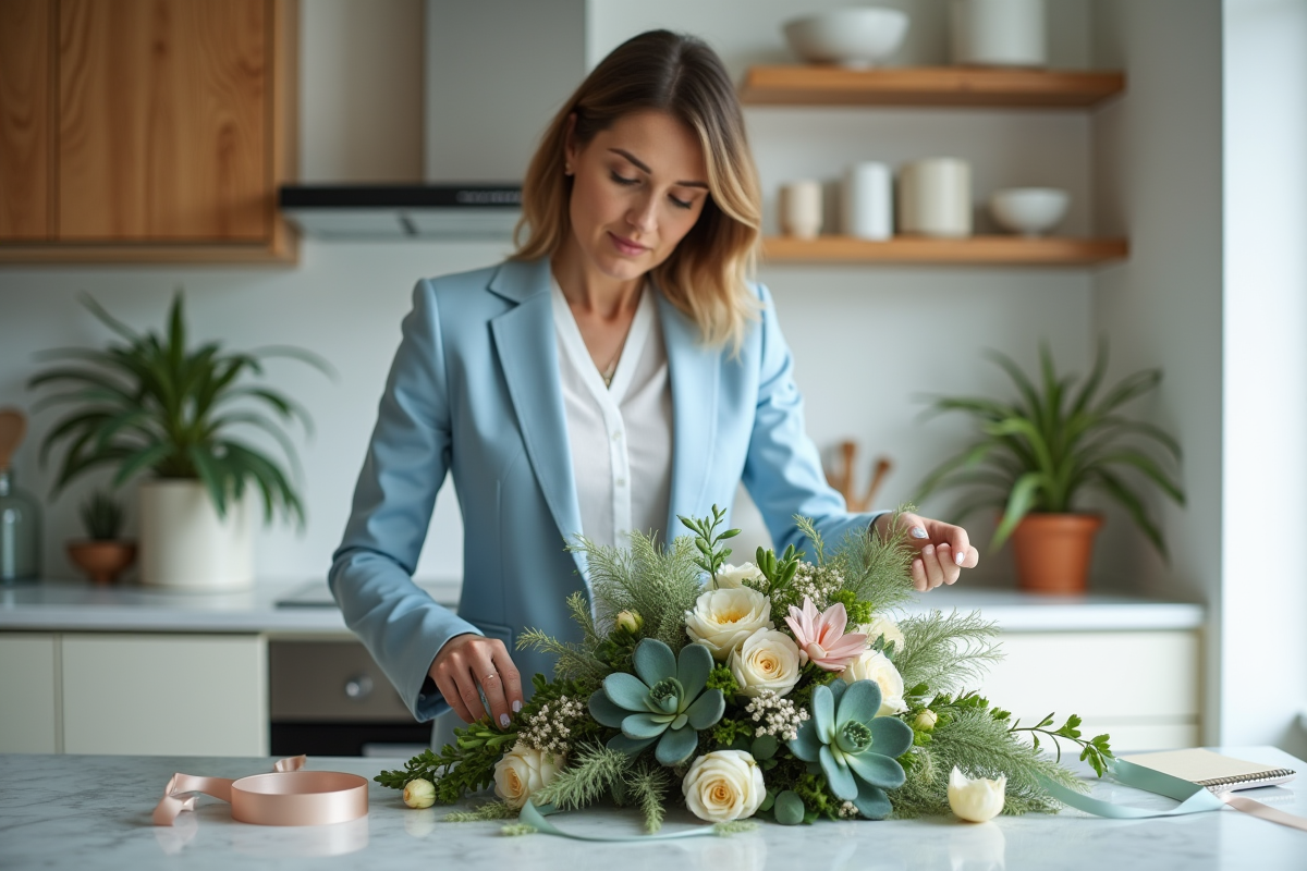 Femme élégante arrangeant un bouquet de succulents en intérieur