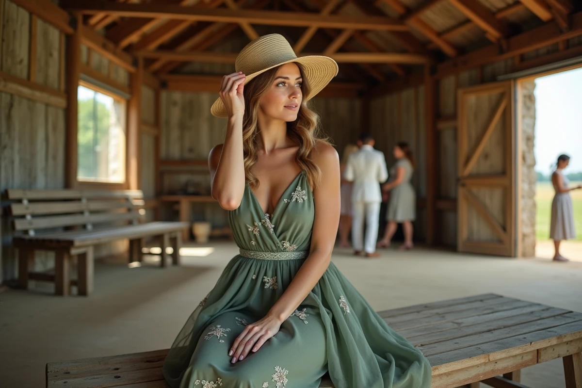 Jeune femme assise sur un banc en ferme rustique