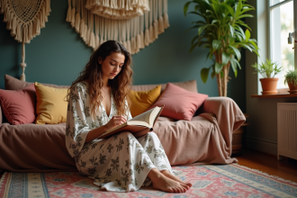 Jeune femme en robe florale dans un intérieur boho