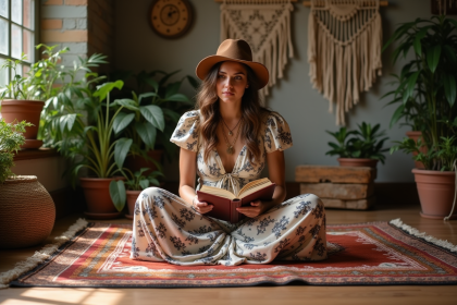 Jeune femme en robe florale lisant dans un intérieur boho
