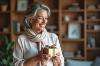 Femme souriante tenant un cadeau dans un salon chaleureux