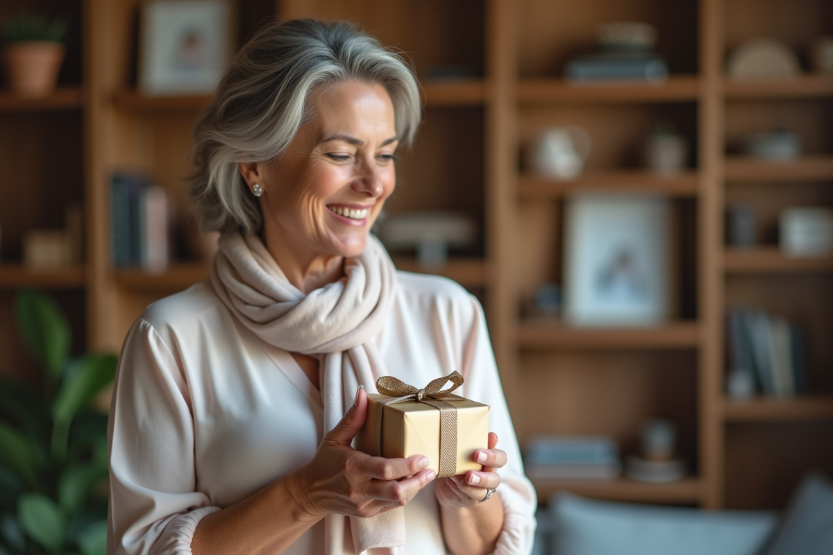 Femme souriante tenant un cadeau dans un salon chaleureux