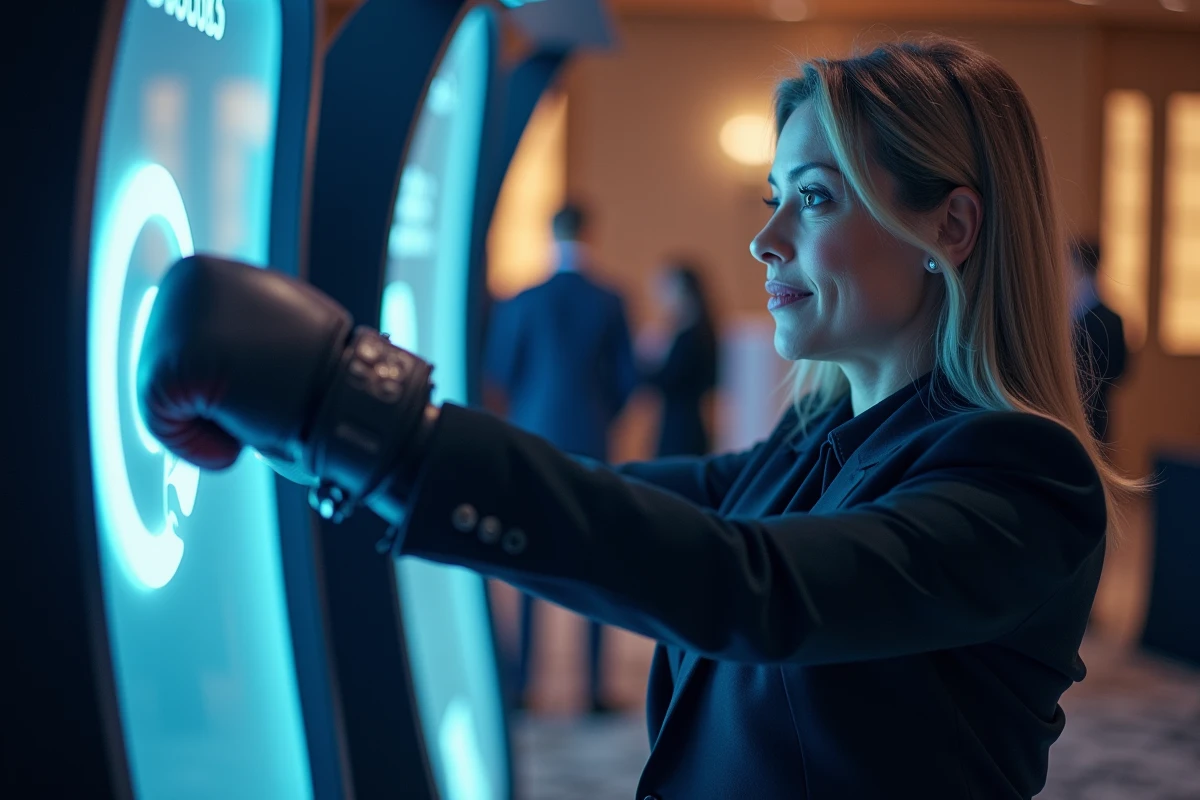 Femme en blazer utilisant une borne Shootnbox lors d'une soirée professionnelle, expression de concentration et de plaisir