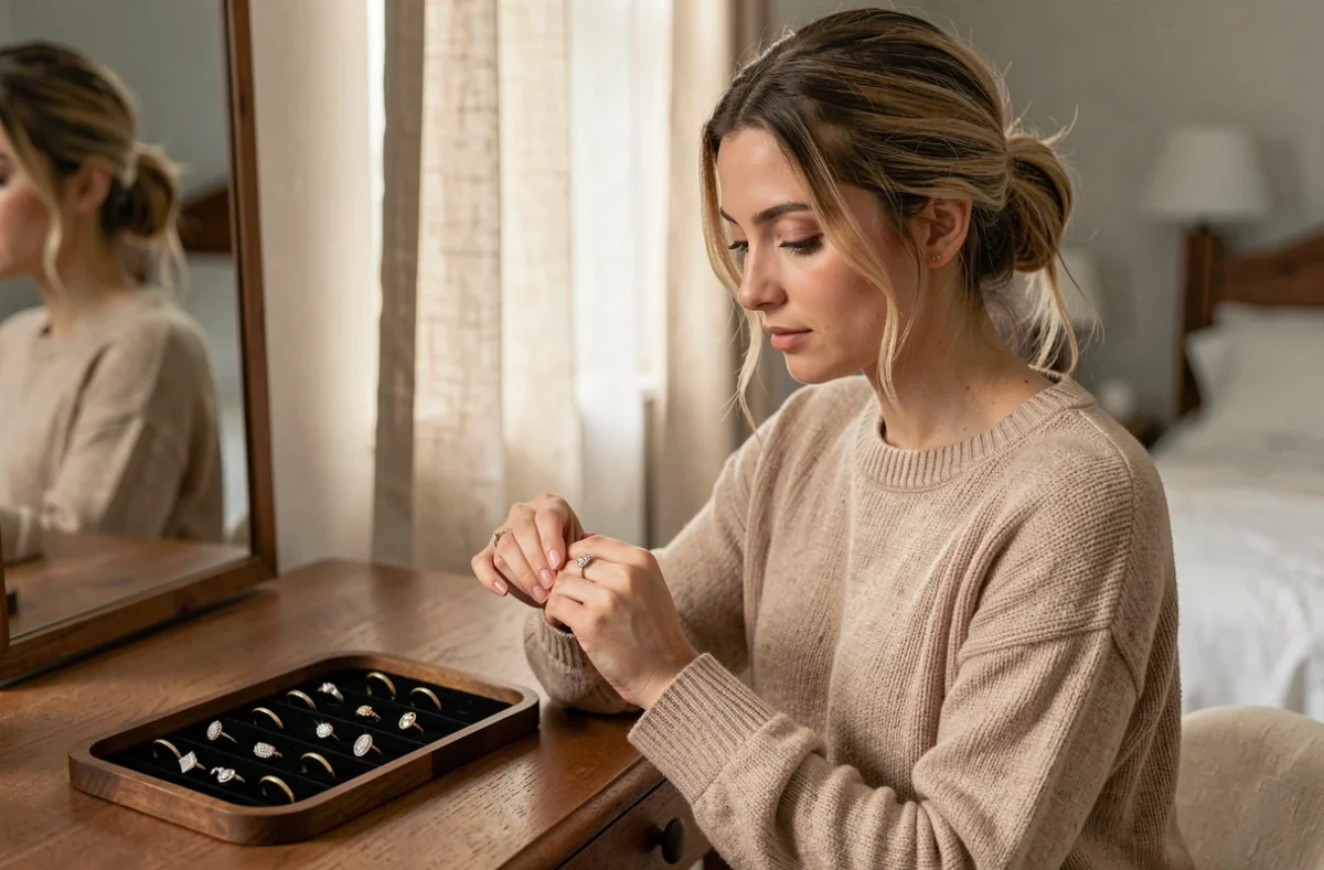 Jeune femme choisissant une bague sur un plateau en velours, réfléchissant à la signification du placement selon le doigt