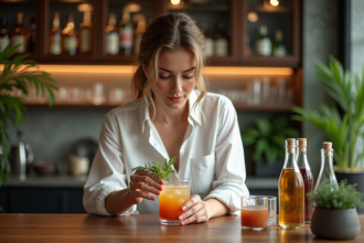 Femme garnissant un cocktail dans une cuisine moderne