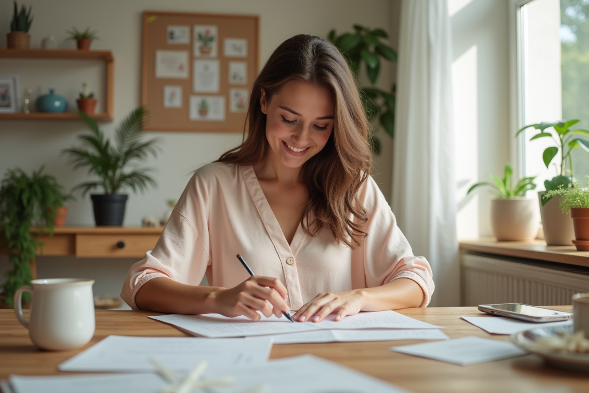 Jeune femme assemble invitations mariage dans un salon lumineux