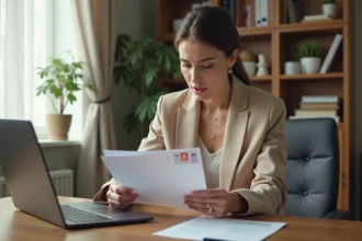 Femme consultant des documents administratifs de mariage en attente de transcription à Nantes