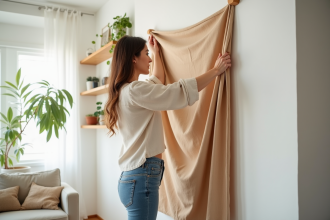 Femme arrangeant un tissu terre cuite sur un mur blanc dans un salon moderne
