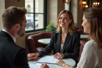 Femme élégante en café parisien avec couple et planificateur