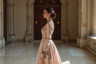 Femme élégante en robe de soirée dans un vestibule d'église