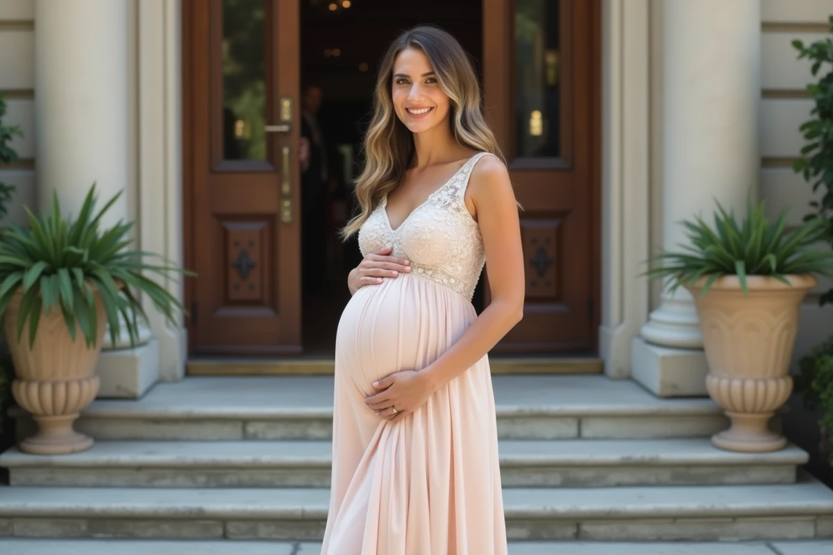 Femme enceinte en robe pastel devant mairie en extérieur