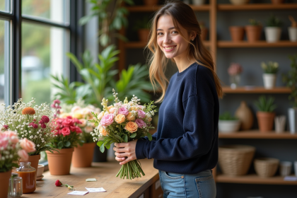 Jeune femme avec bouquet de fleurs dans une boutique