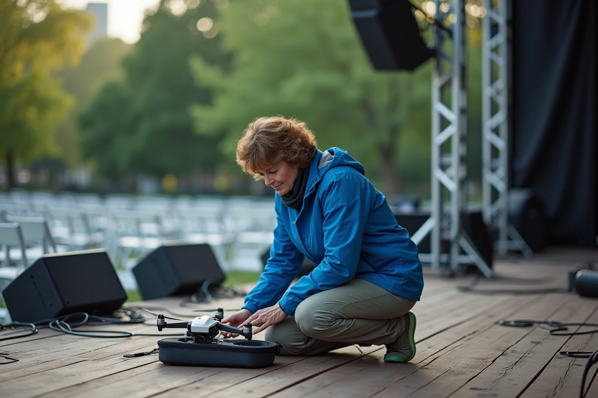 Femme inspectant un drone sur scène en extérieur
