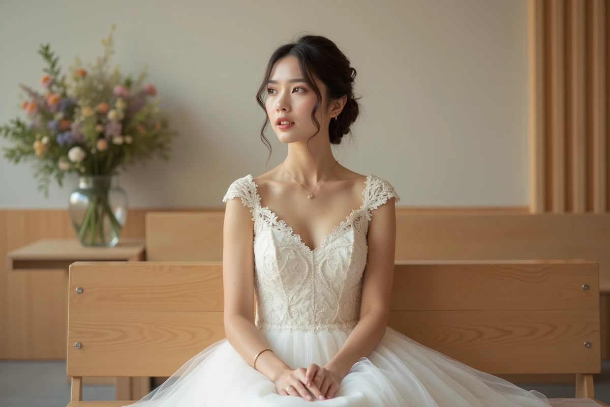 Jeune femme en robe de mariage assise dans la salle