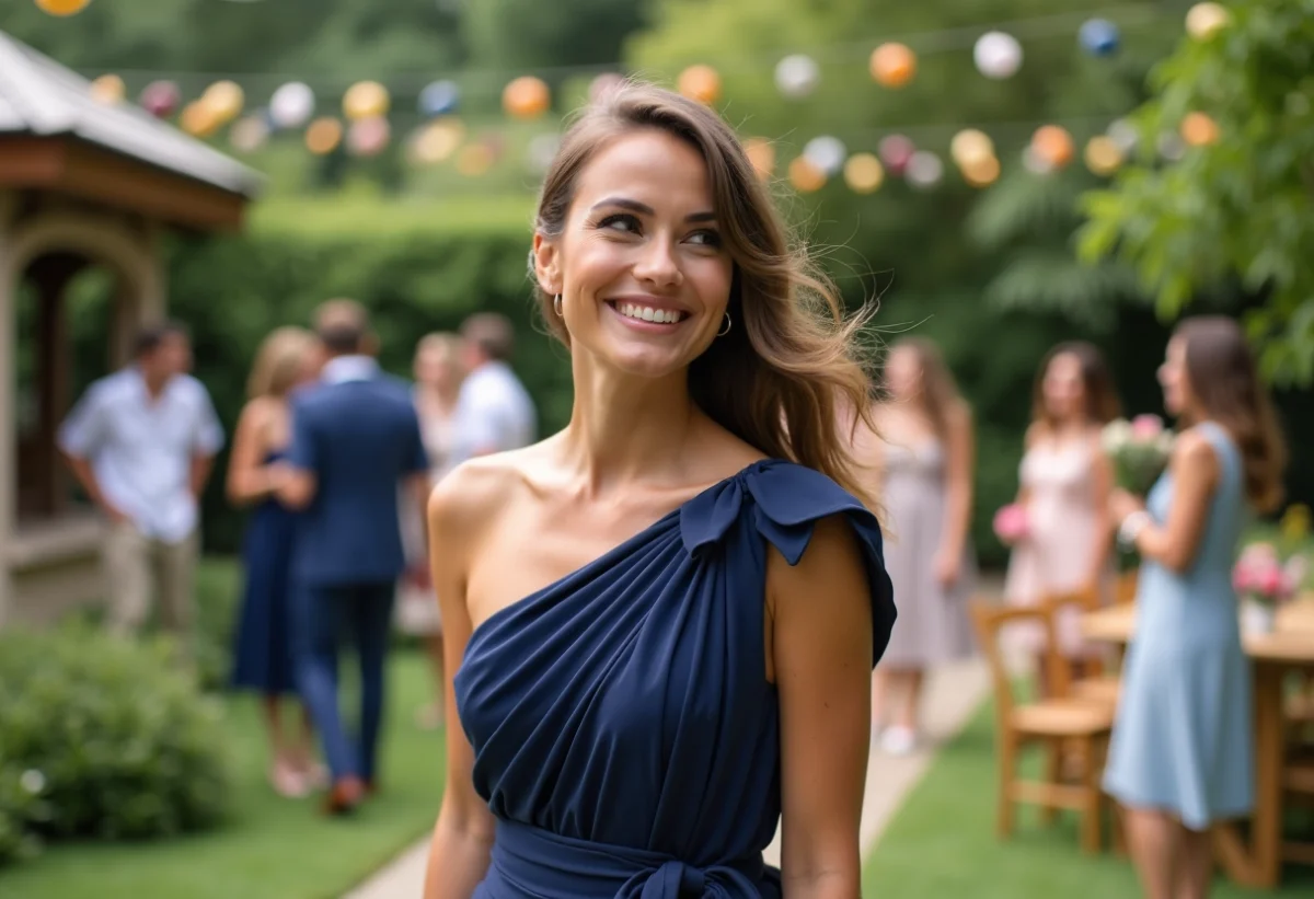 Femme en robe navy lors d’un mariage en extérieur