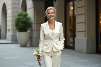 Femme élégante en pantalon ivoire devant mairie moderne
