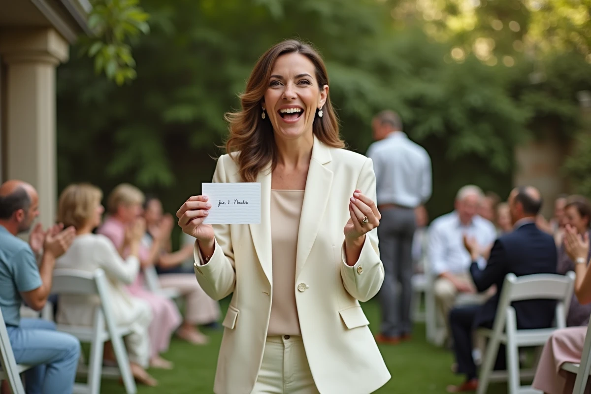 Femme riant en jouant au jeu des 12 mois en extérieur