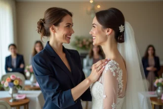 Jeune femme en costume navy ajusté ajustant le voile de la mariée