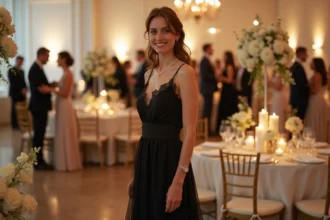 Femme en robe noire élégante à dentelle lors d'un mariage chic en salle de réception décorée de fleurs blanches