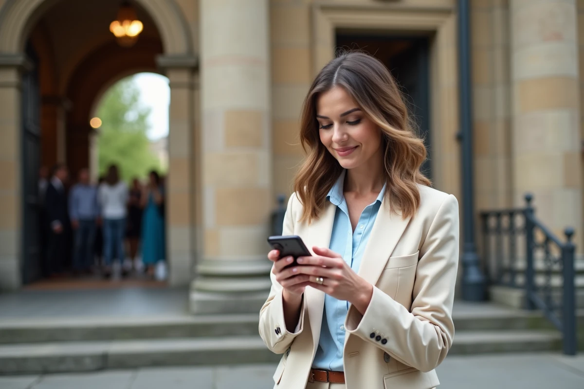 Femme élégante regardant son smartphone devant un bâtiment ancien