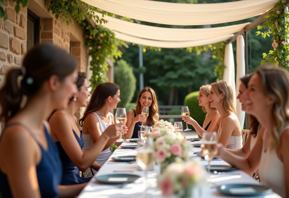 Groupe de femmes riant lors d’un toast en mariage