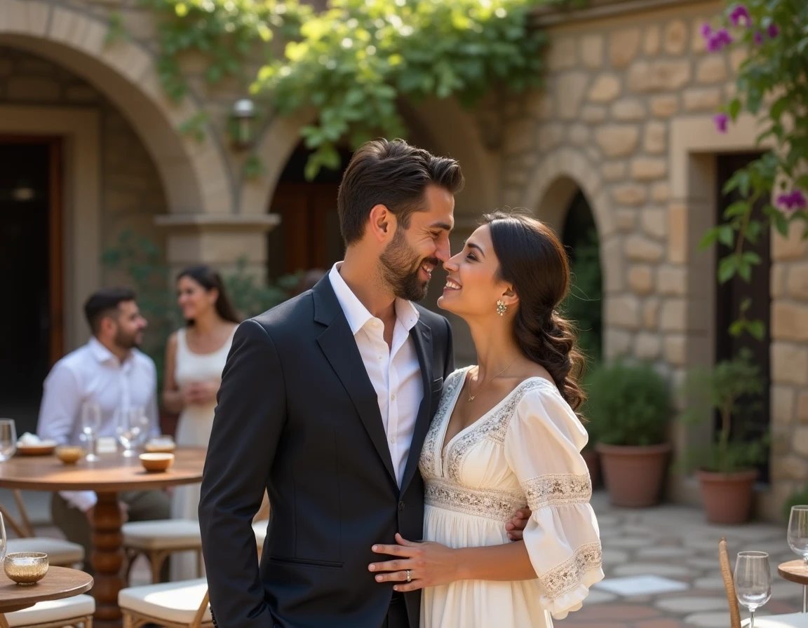 Couple fêtant leur mariage albanais en tenue traditionnelle dans une cour de village pittoresque en Albanie
