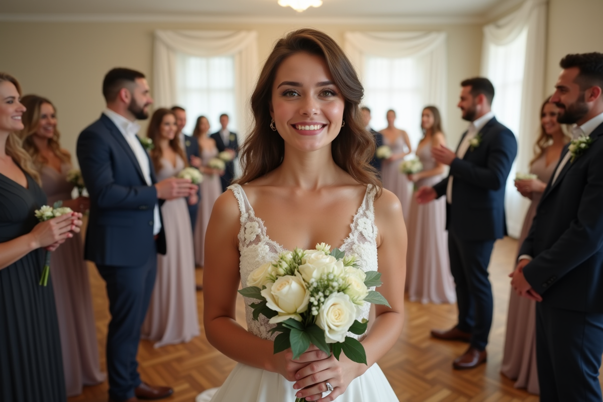 Jeune femme souriante tenant son bouquet de mariage