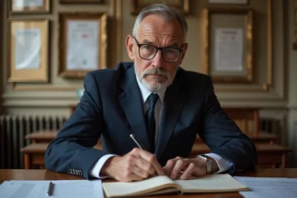 Homme civil en costume tamponne des documents en mairie