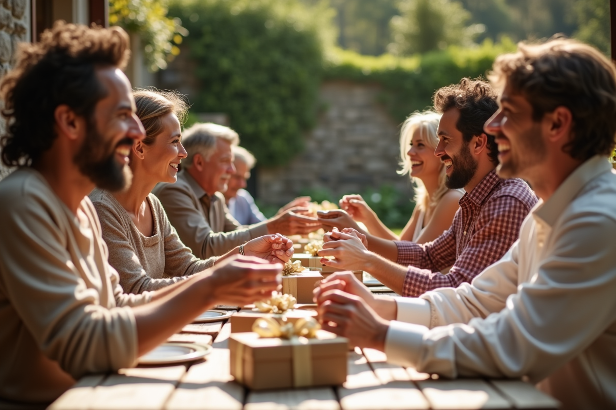 Groupe d amis échangeant des cadeaux dans un jardin ensoleille