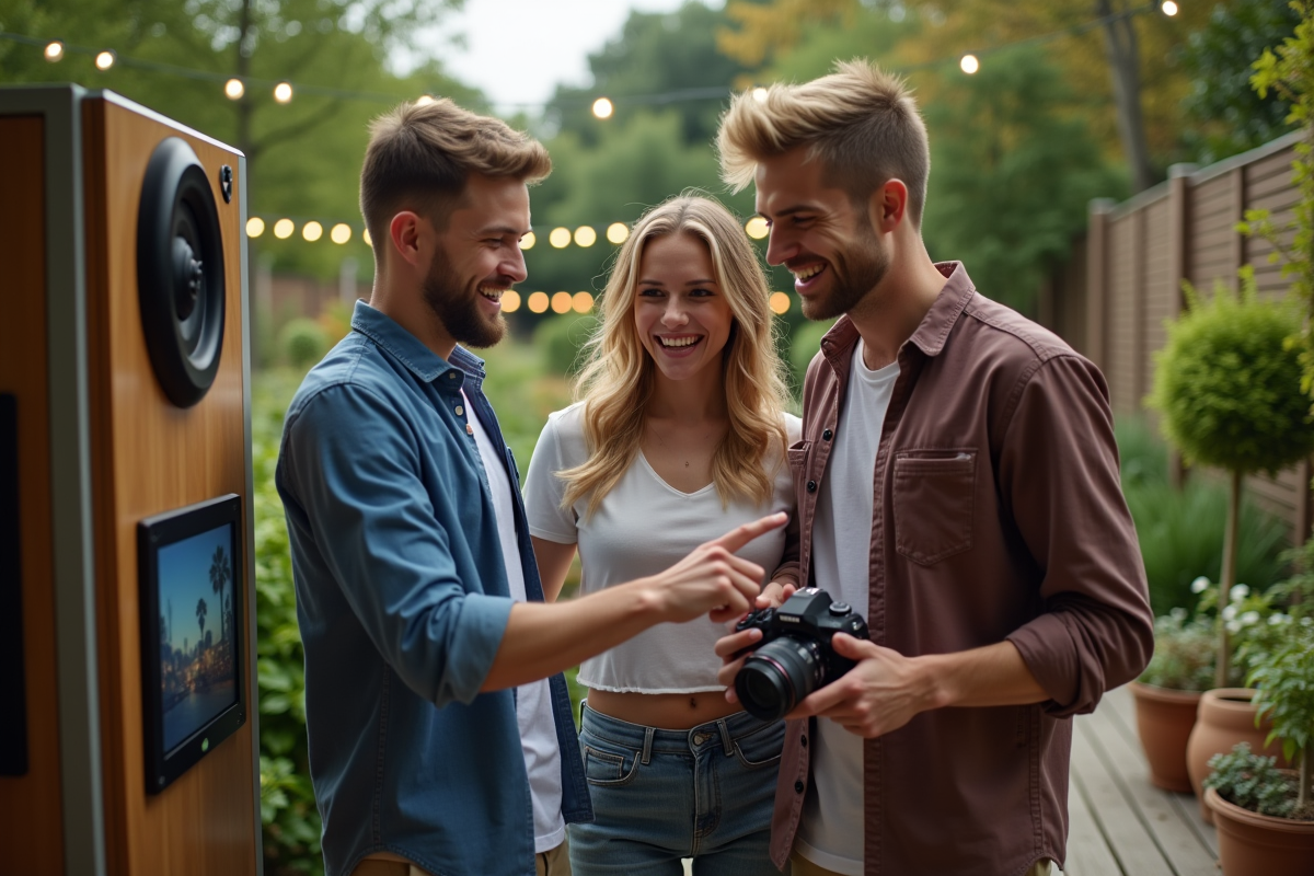 Groupe d amis autour d un photobooth en extérieur