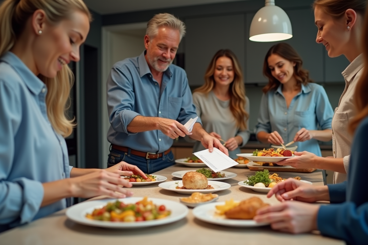 Groupe d'adultes autour d'une cuisine moderne en réunion conviviale
