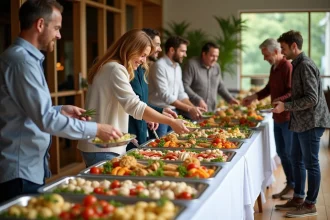 Groupe diversifié dégustant un buffet lors d'un événement