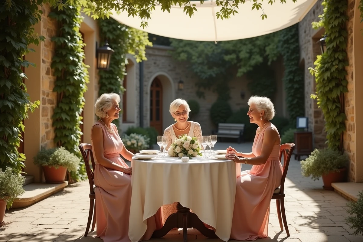 Trois femmes en robes pastel discutant dans la cour de l
