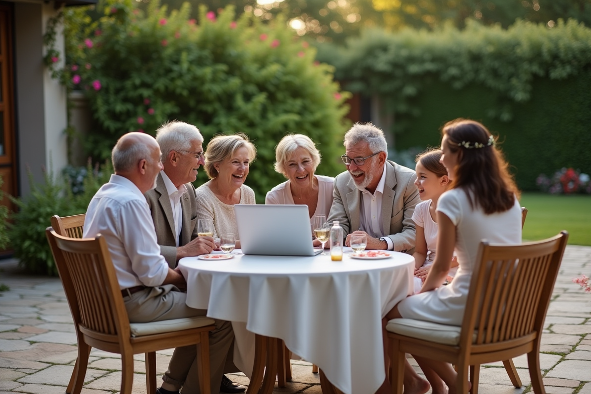 Groupe d invités de mariage riant autour d un diaporama sur un ordinateur dans le jardin