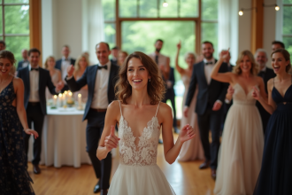 Groupe d'invités de mariage en flashmob dans une salle moderne