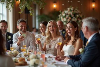 Groupe d'adultes riant avec cartes Monsieur Madame lors d'un mariage